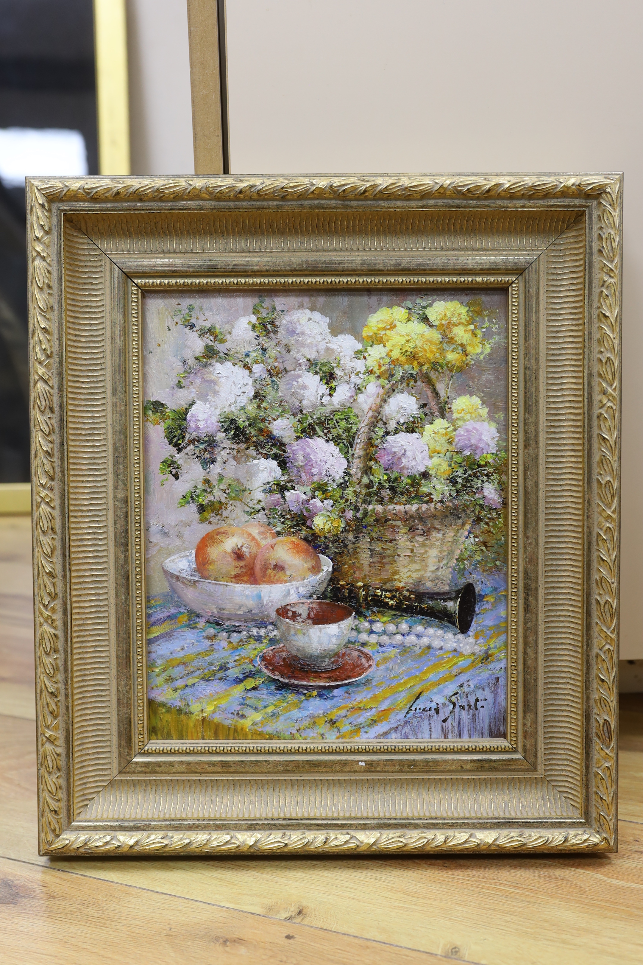 Lucia Sarto (Italian, b.1950), oil on canvas, Still life of fruit and flowers, signed, 29 x 23cm